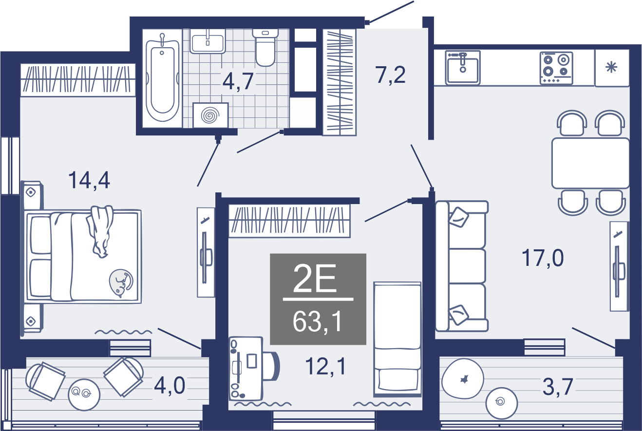 2-комнатная, 55.6 м²