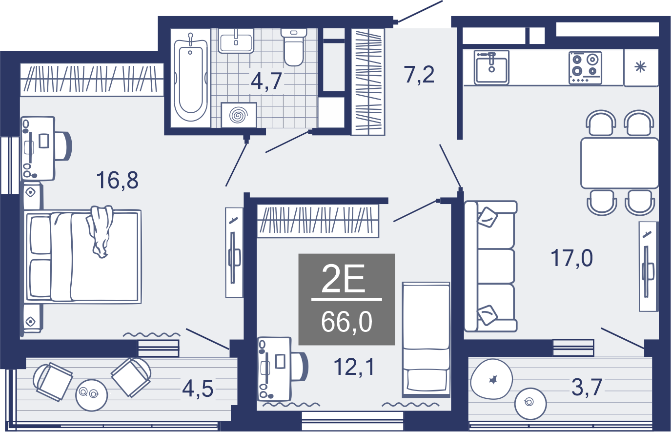 2-комнатная, 57.9 м²