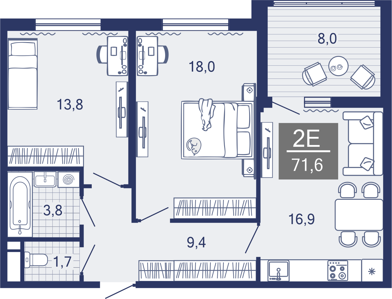2-комнатная, 63.2 м²