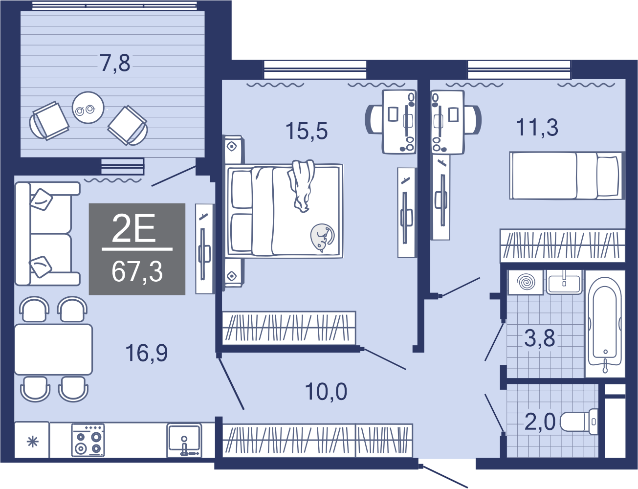 2-комнатная, 59.8 м²