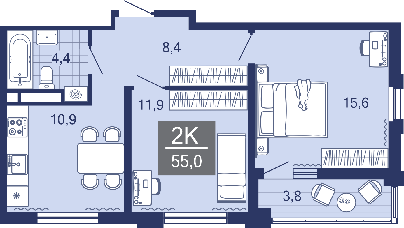 2-комнатная, 51.4 м²
