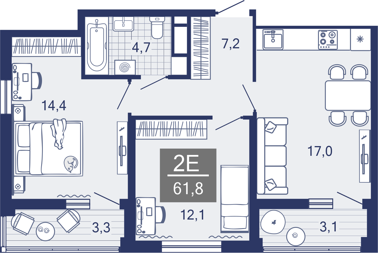 2-комнатная, 55.7 м²