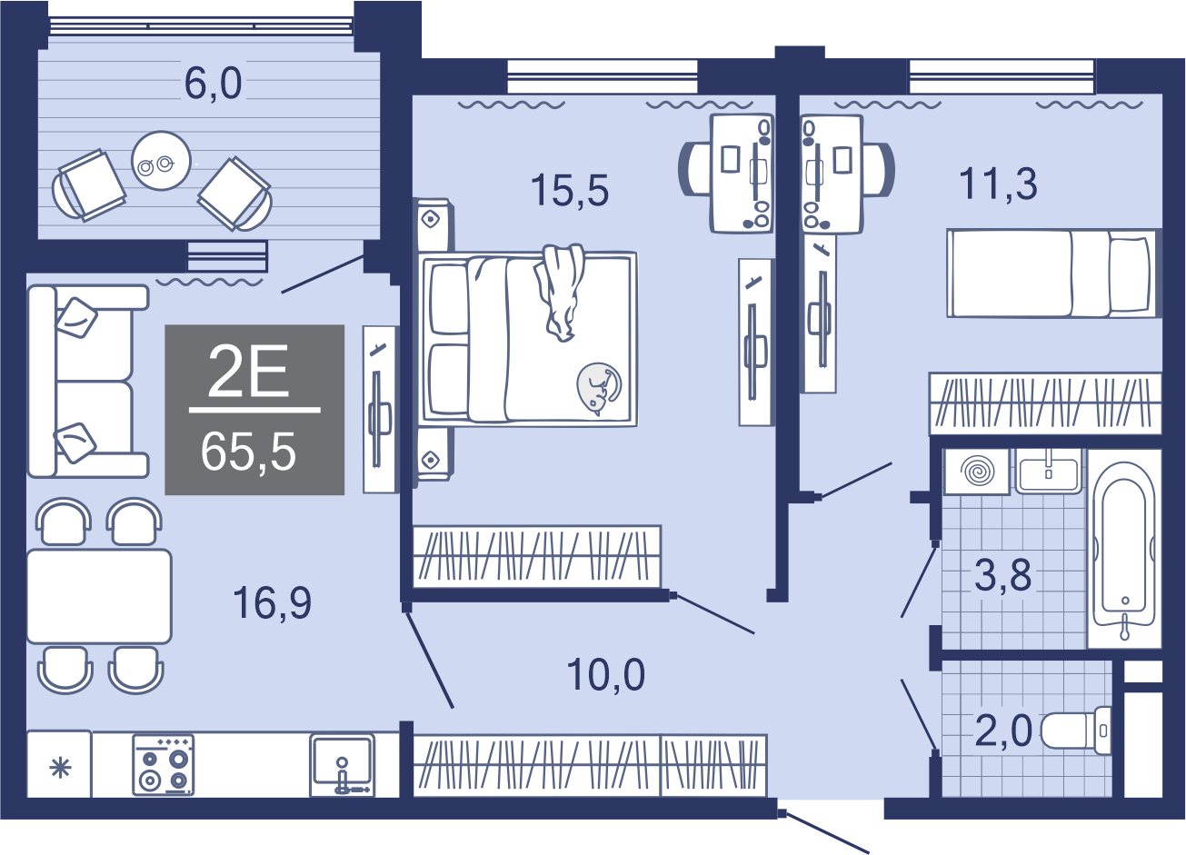 2-комнатная, 60.0 м²