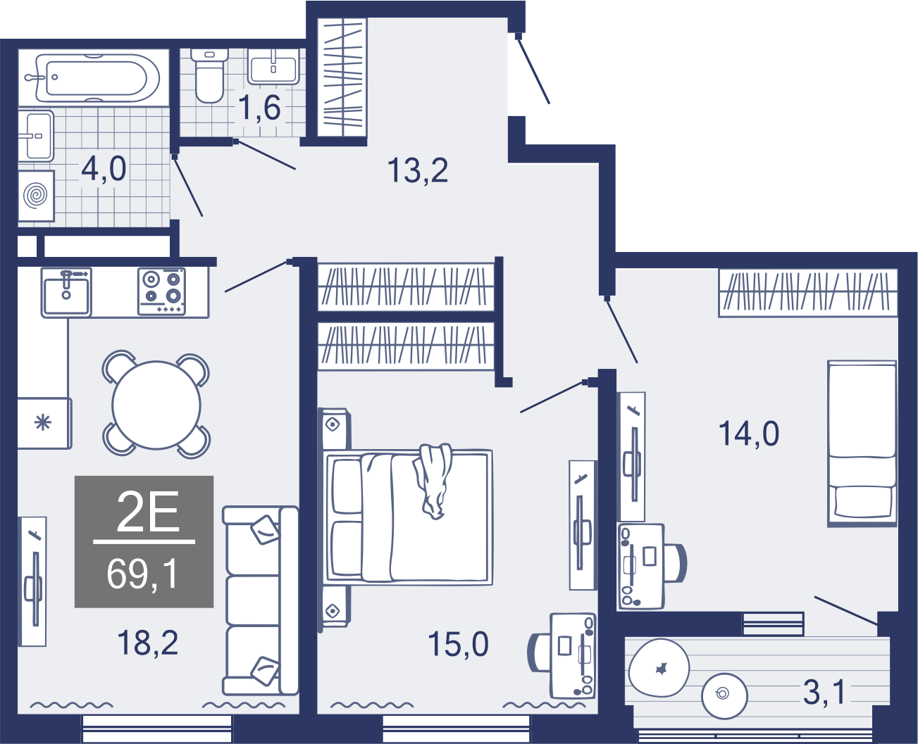 2-комнатная, 65.8 м²
