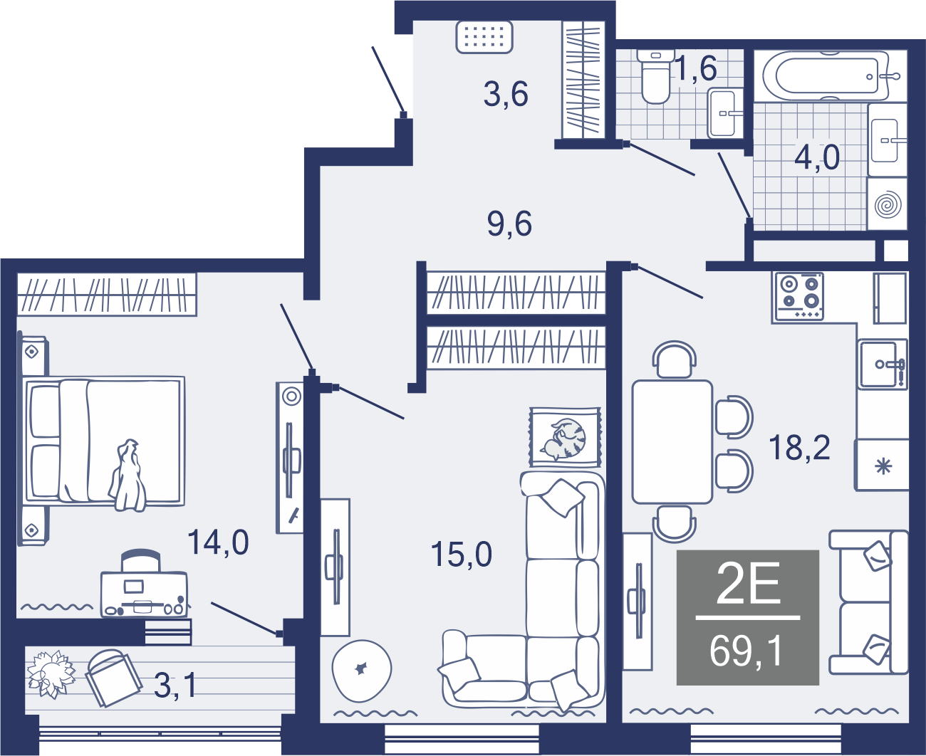 2-комнатная, 66.1 м²
