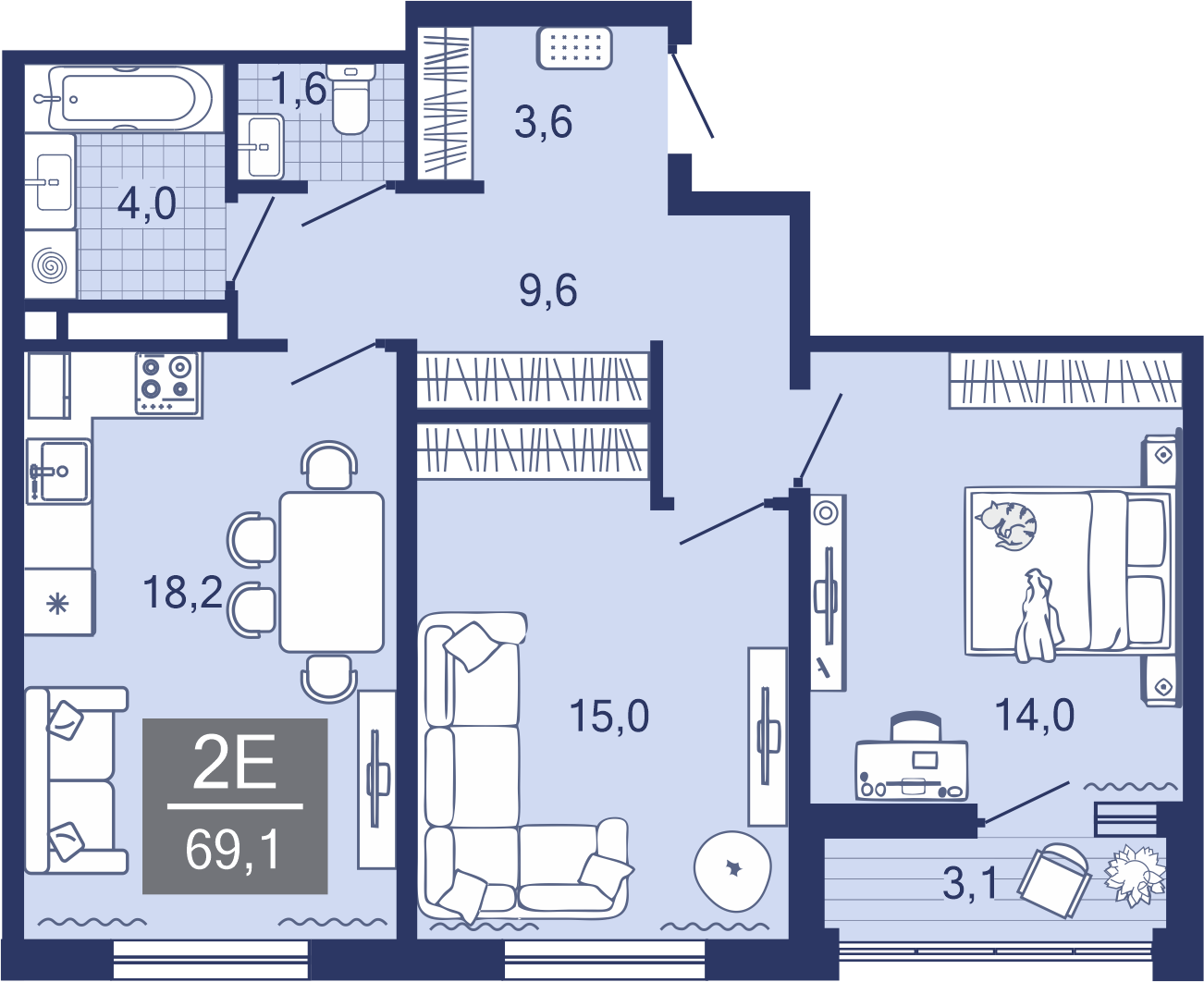 2-комнатная, 66.3 м²