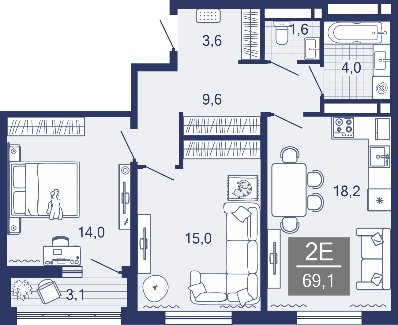 2-комнатная, 66.4 м²