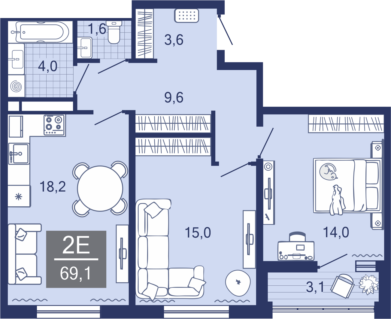 2-комнатная, 66.6 м²