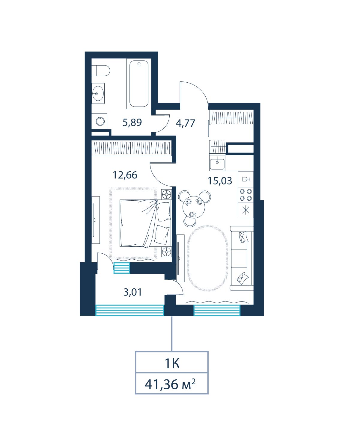 1-комнатная, 41.4 м²