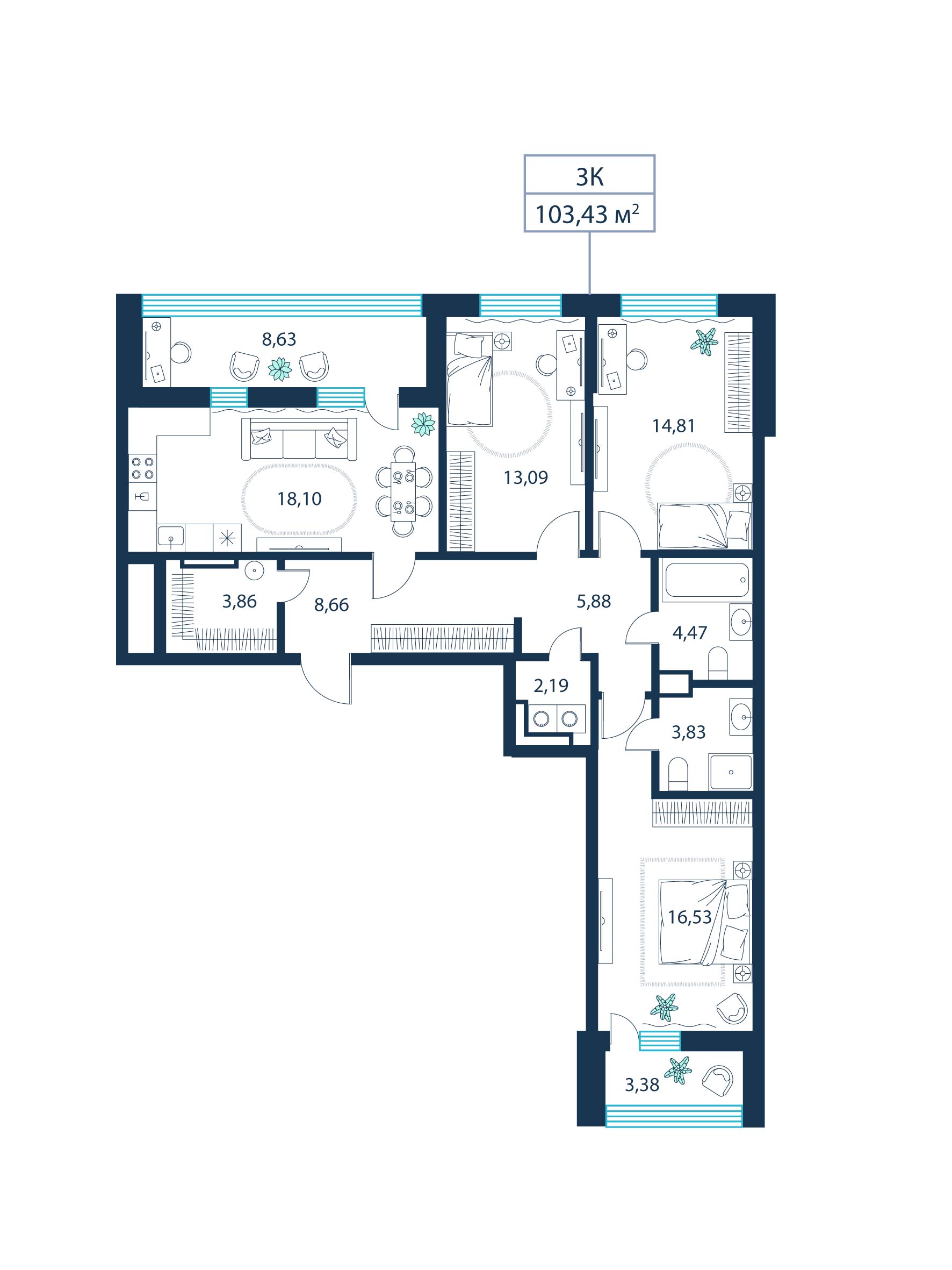 3-комнатная, 103.4 м²