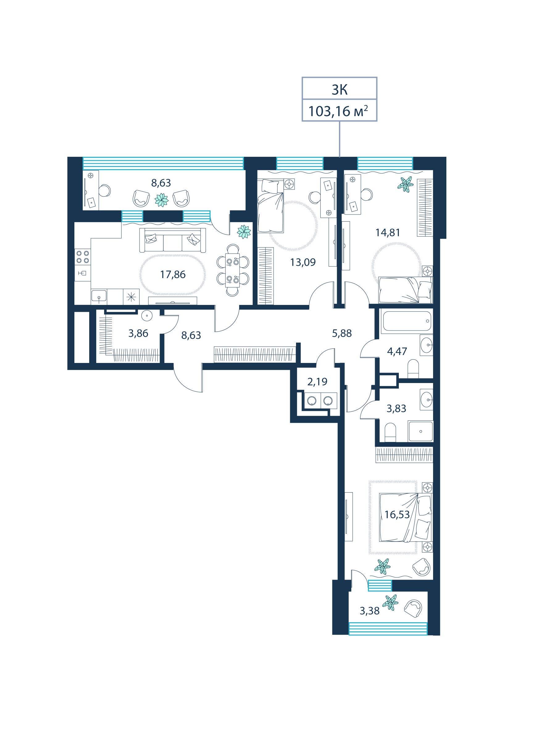 3-комнатная, 103.2 м²