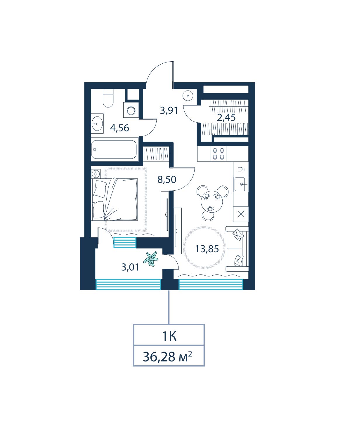 1-комнатная, 36.3 м²