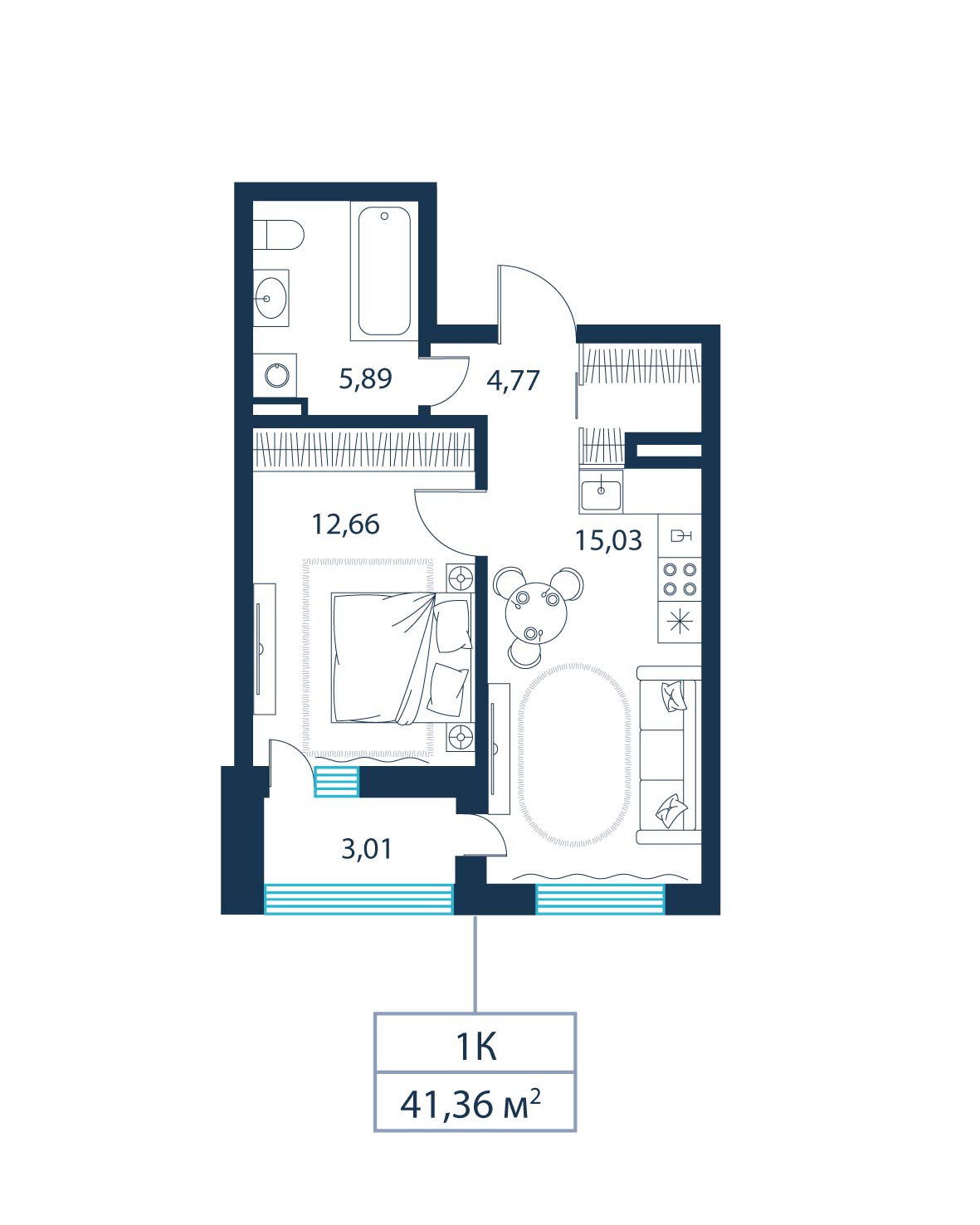 1-комнатная, 41.4 м²