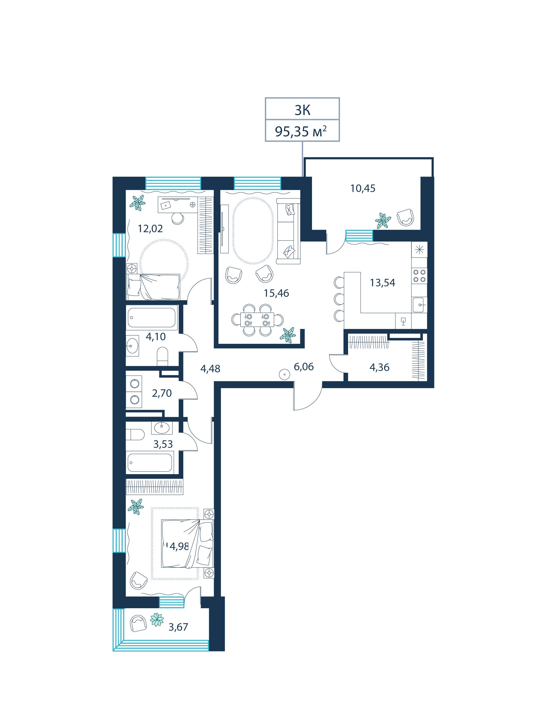 3-комнатная, 95.3 м²