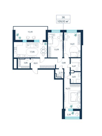 3-комнатная, 109.9 м²