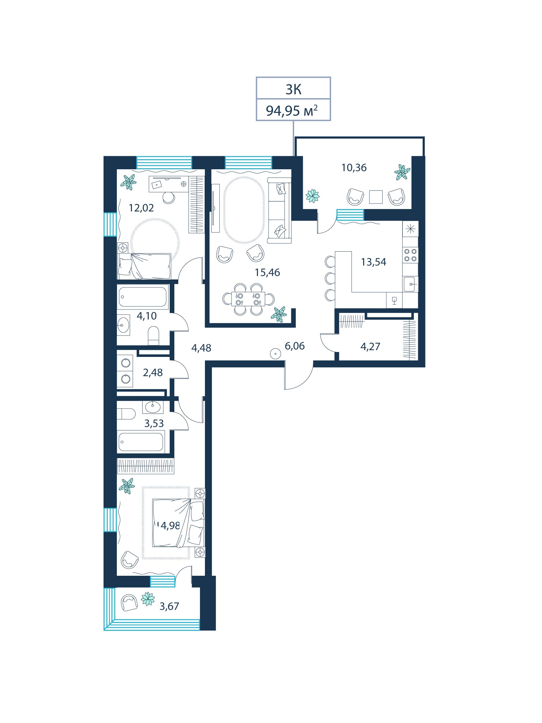3-комнатная, 95.0 м²