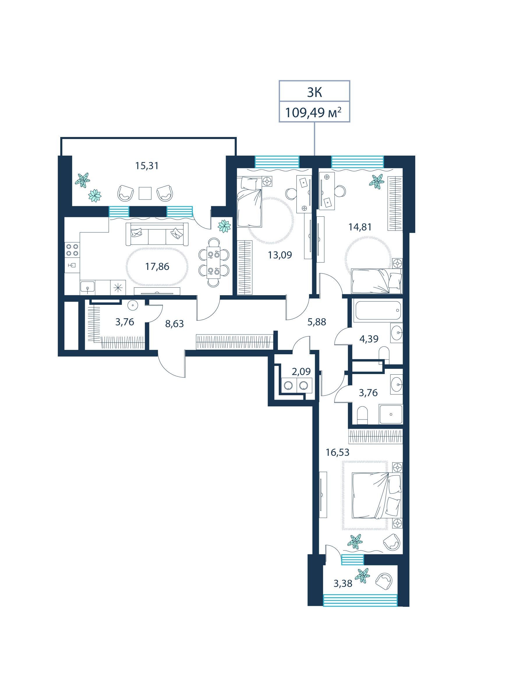 3-комнатная, 109.5 м²