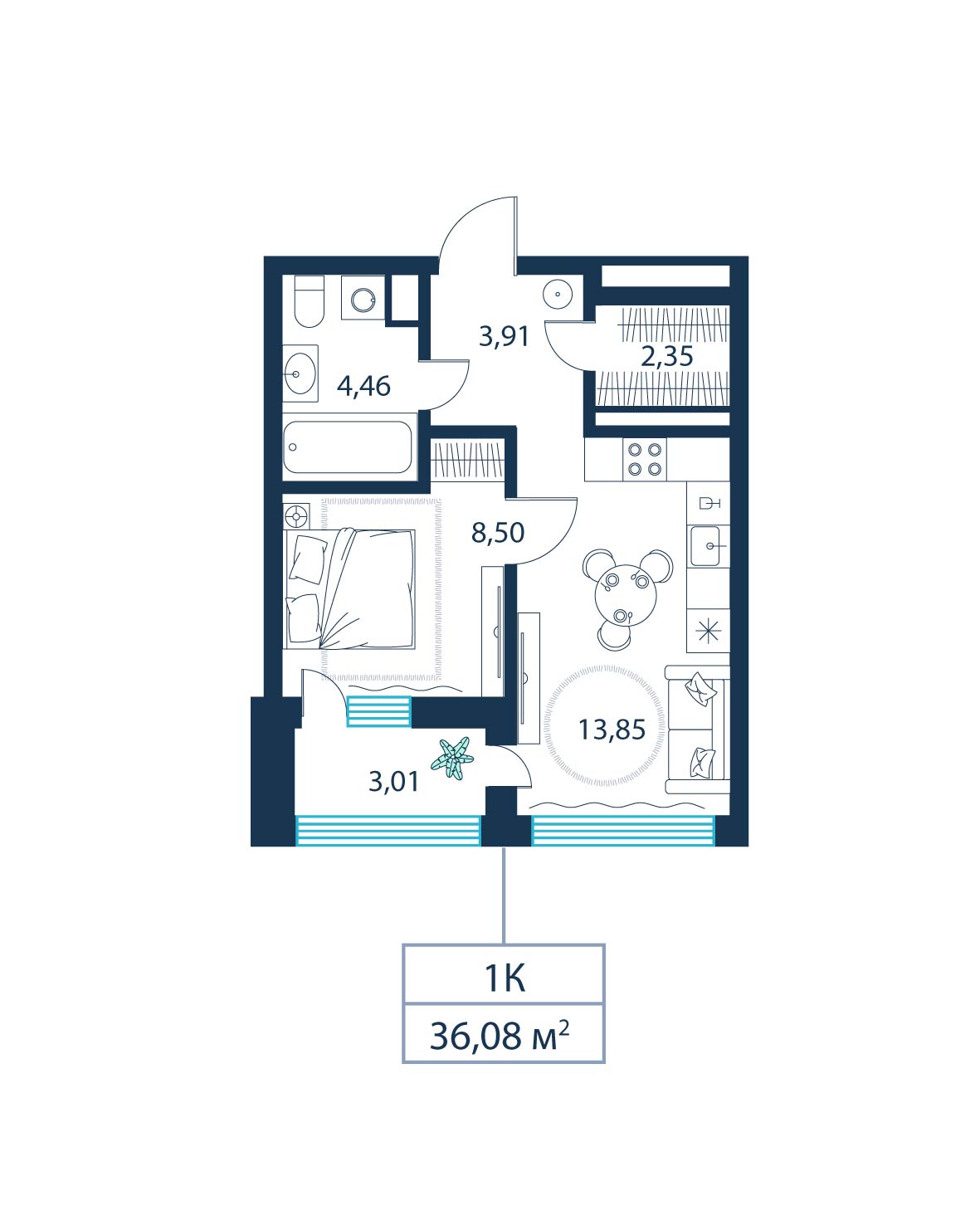 1-комнатная, 36.1 м²