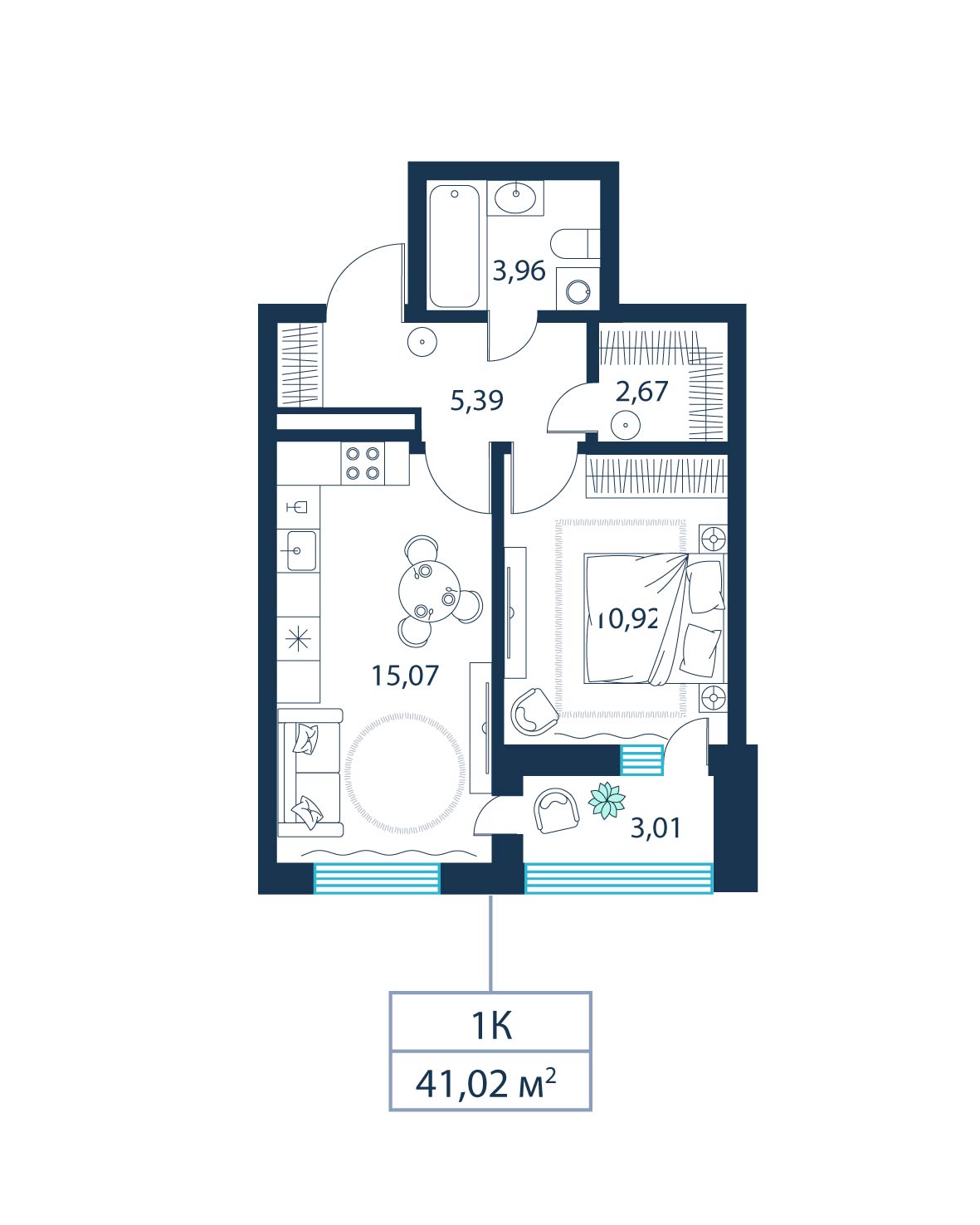 1-комнатная, 41.0 м²