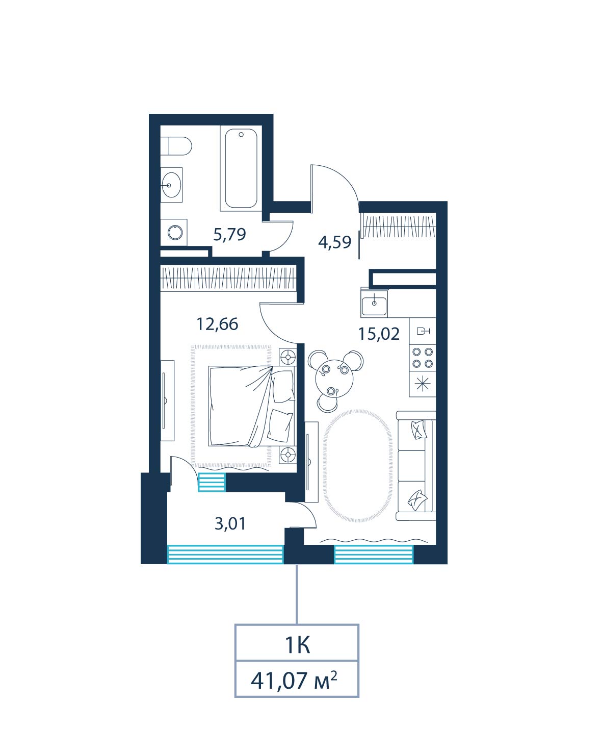 1-комнатная, 41.1 м²