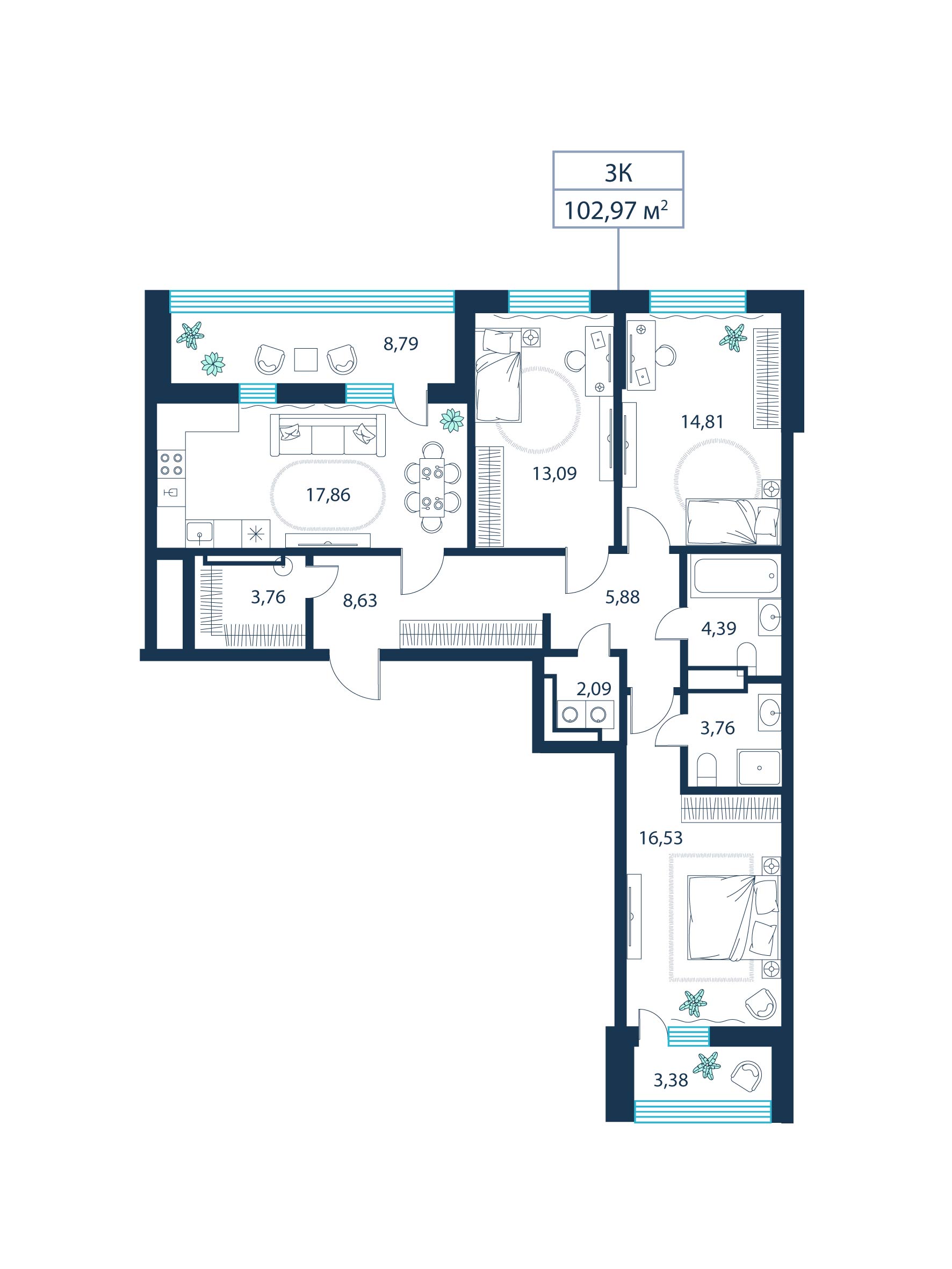 3-комнатная, 103.0 м²