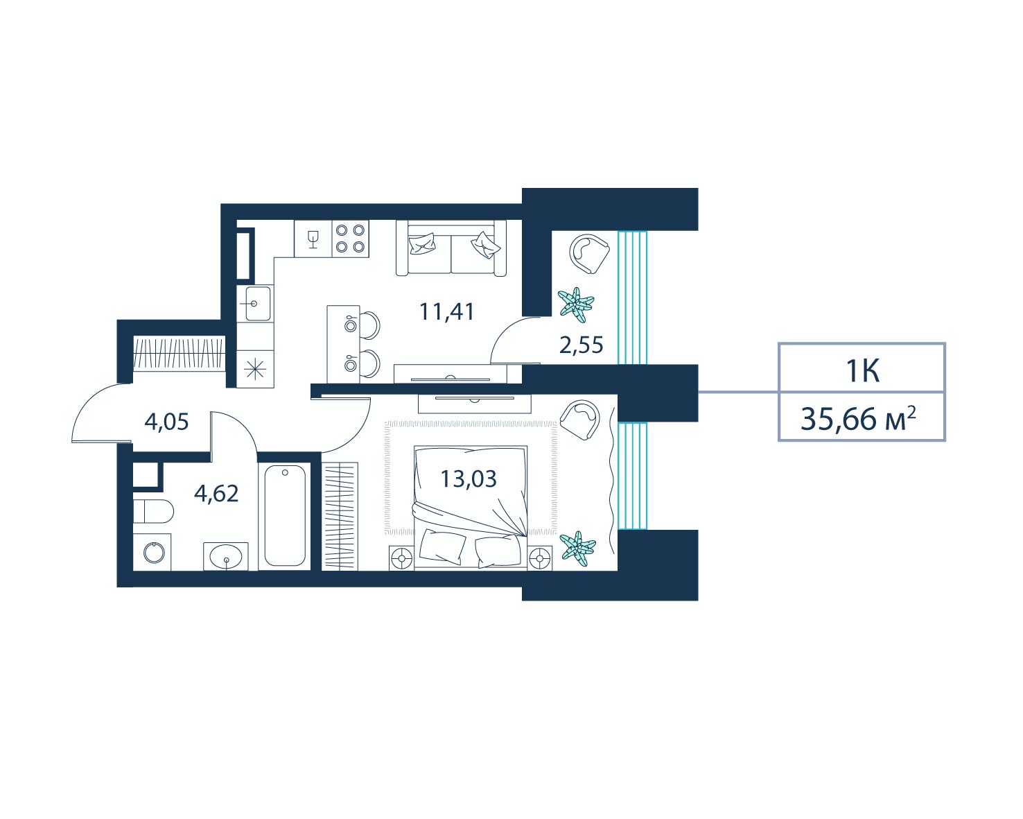 1-комнатная, 35.7 м²