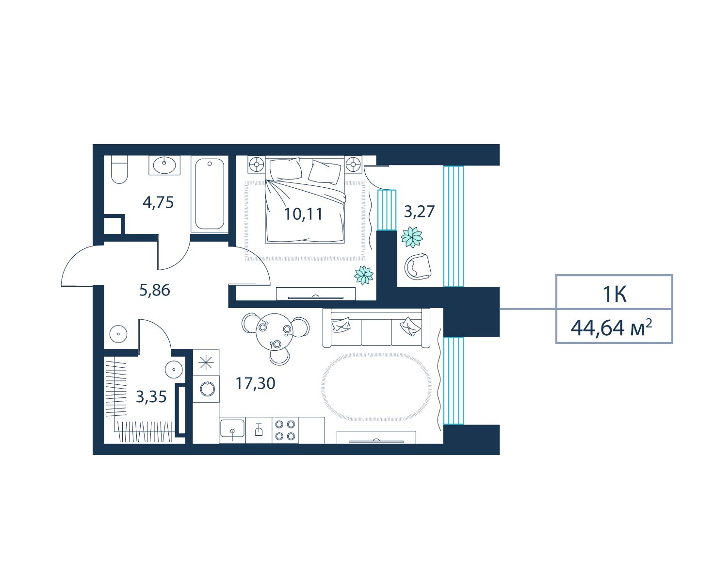 1-комнатная, 44.6 м²