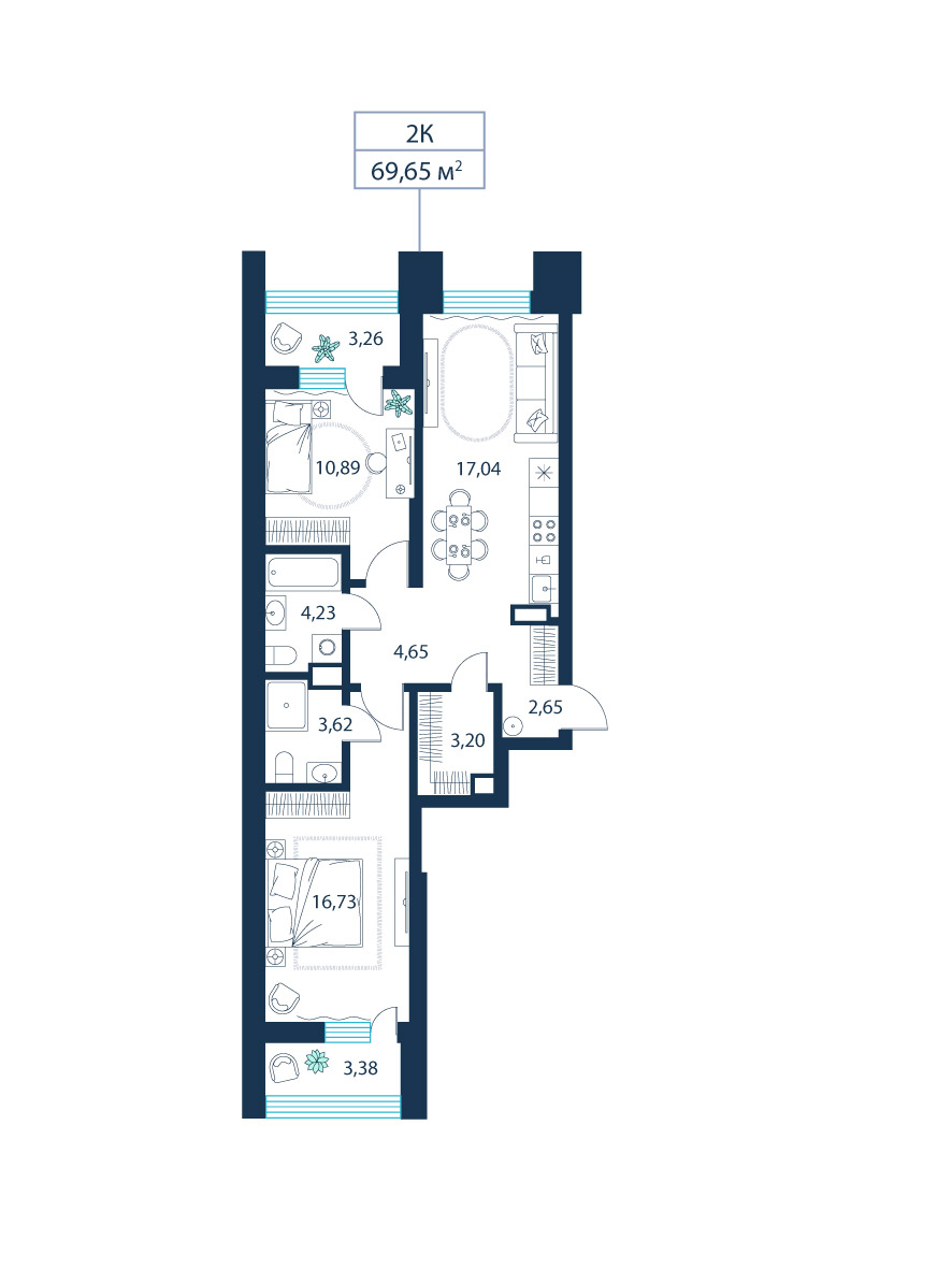 2-комнатная, 69.7 м²