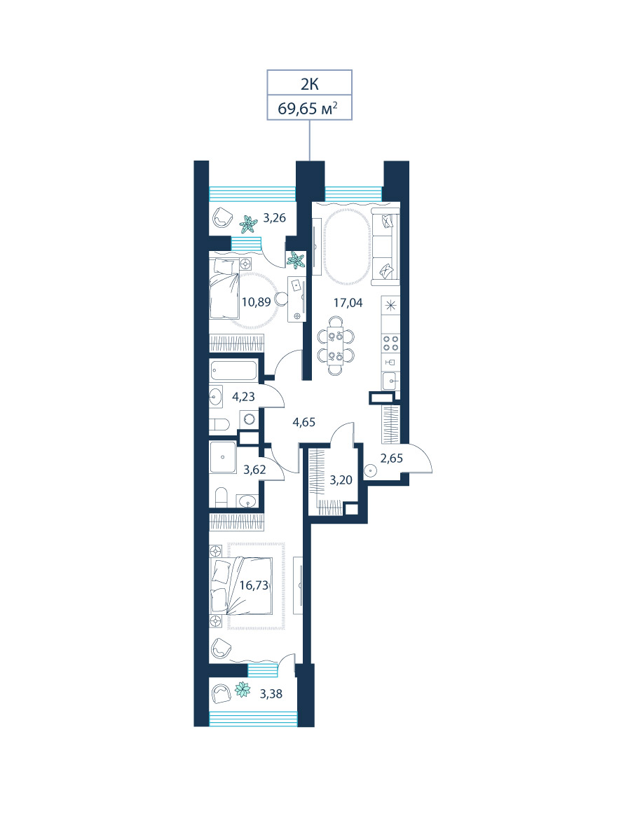 2-комнатная, 69.7 м²