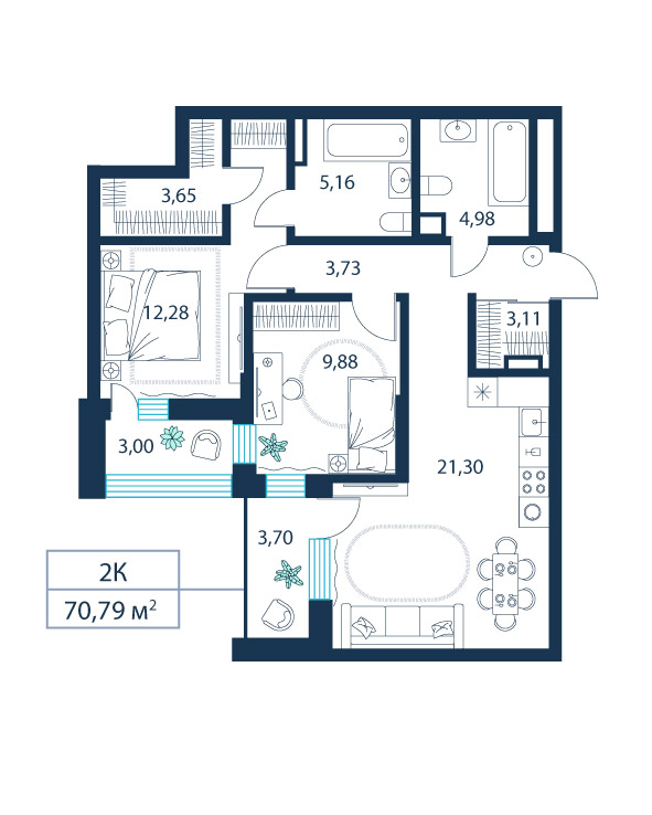 2-комнатная, 70.8 м²