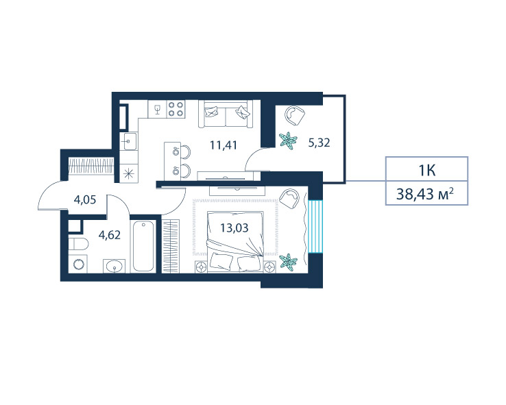 1-комнатная, 38.4 м²