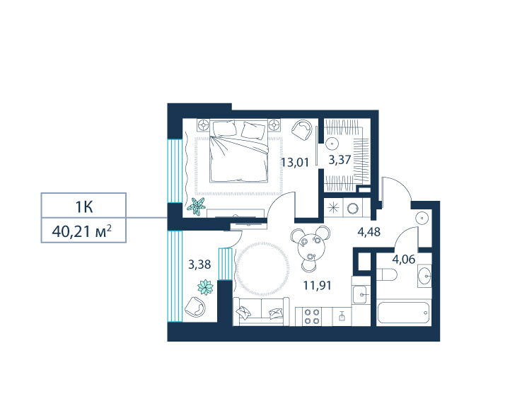 1-комнатная, 40.2 м²
