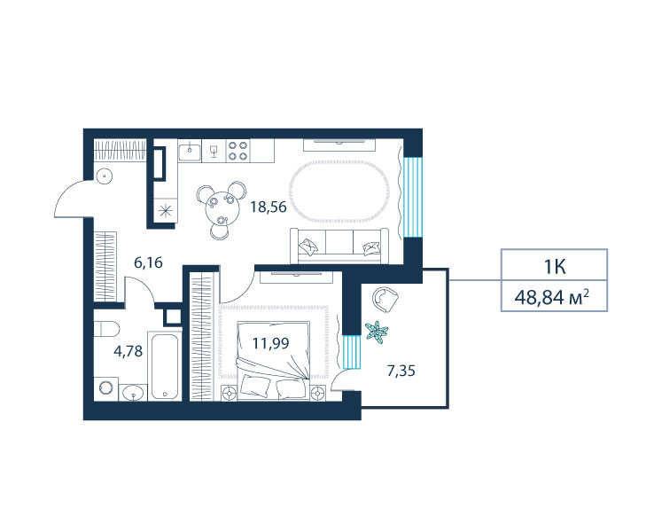 1-комнатная, 48.8 м²