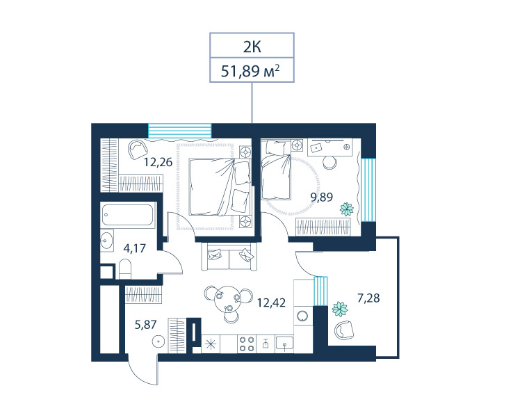 2-комнатная, 51.9 м²