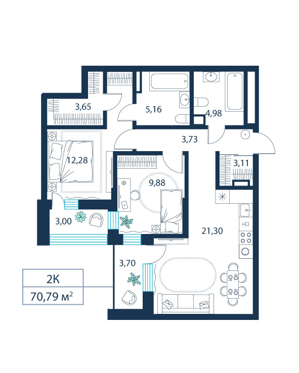 2-комнатная, 70.8 м²