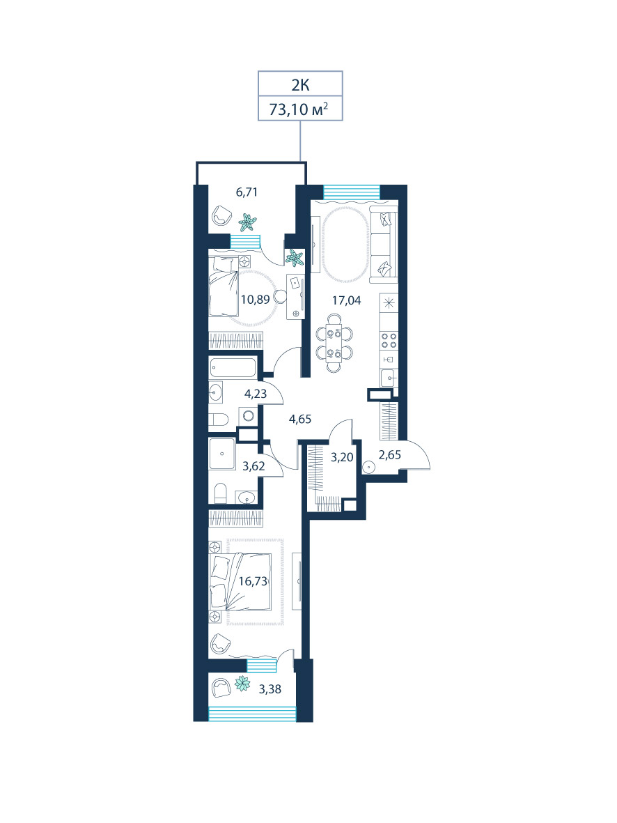 2-комнатная, 73.1 м²