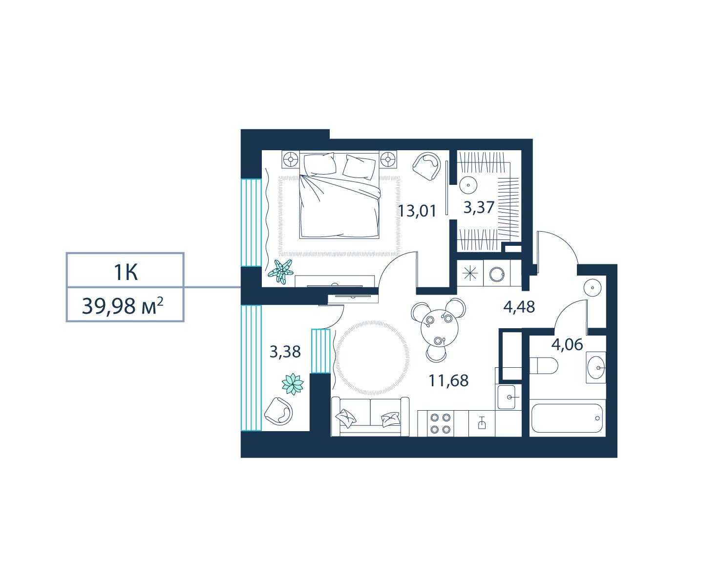 1-комнатная, 40.0 м²