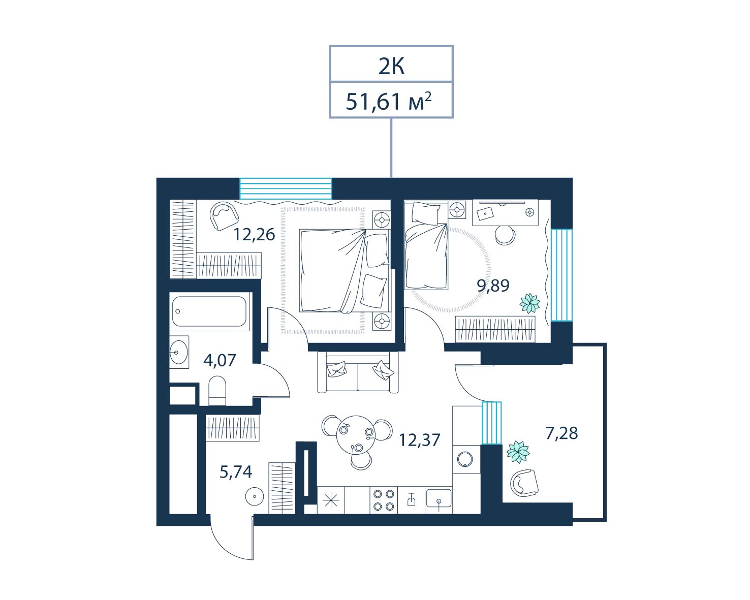 2-комнатная, 51.6 м²