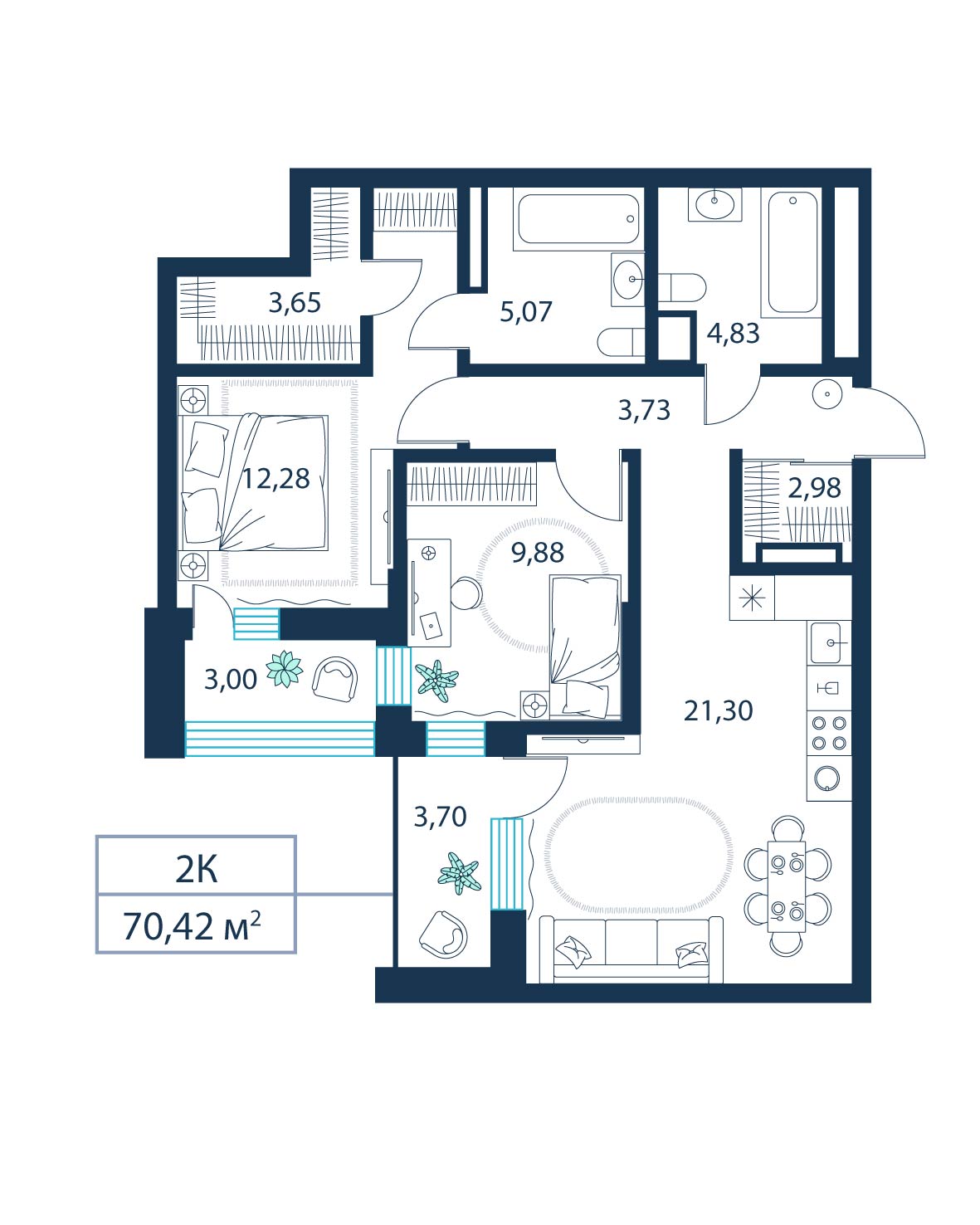 2-комнатная, 70.4 м²