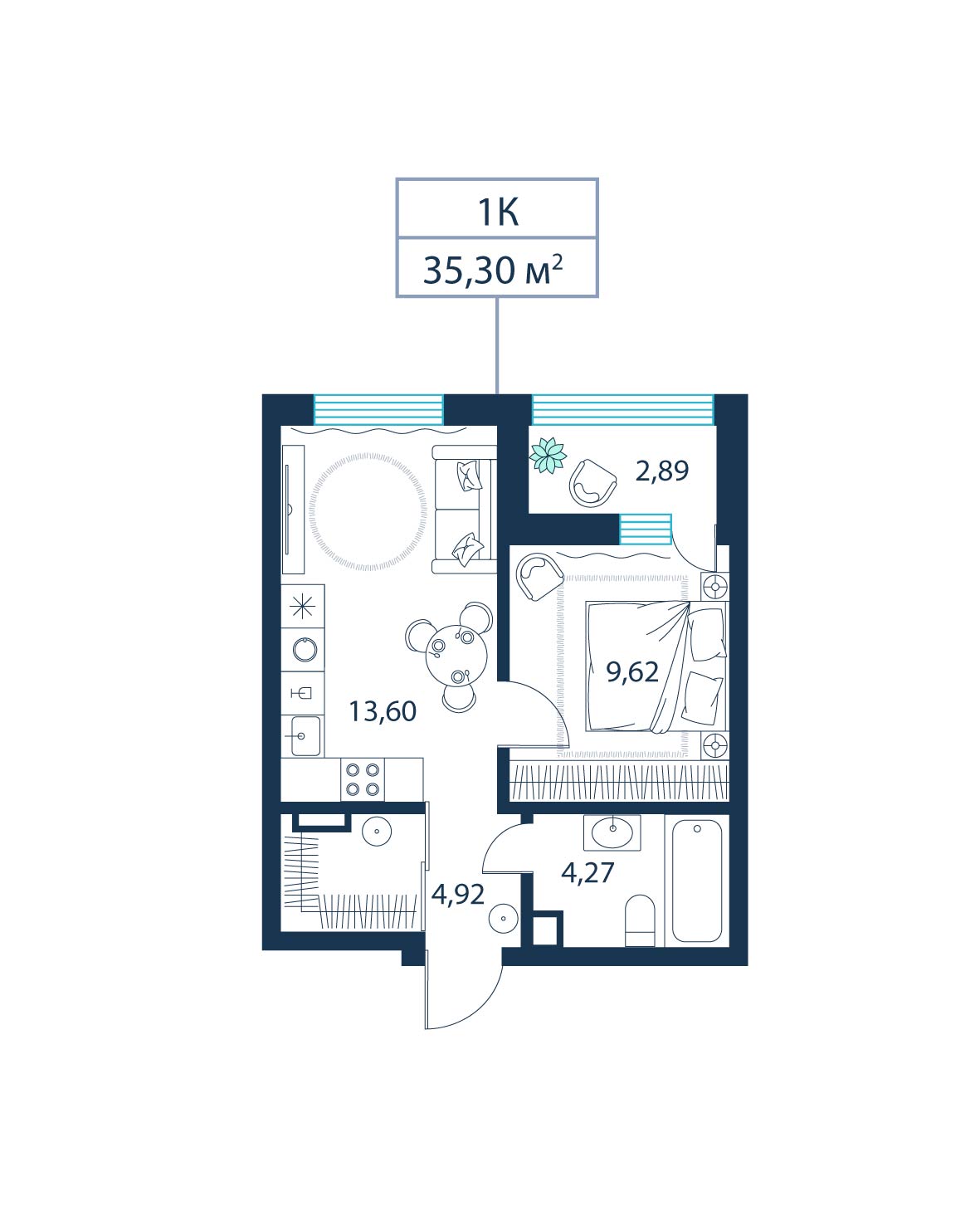 1-комнатная, 35.3 м²
