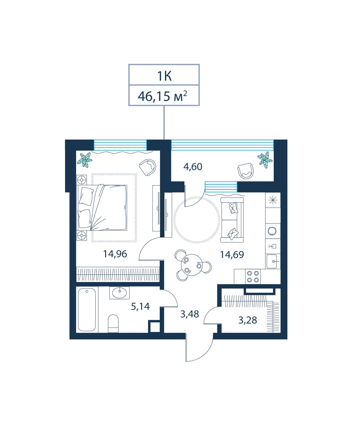 1-комнатная, 46.1 м²