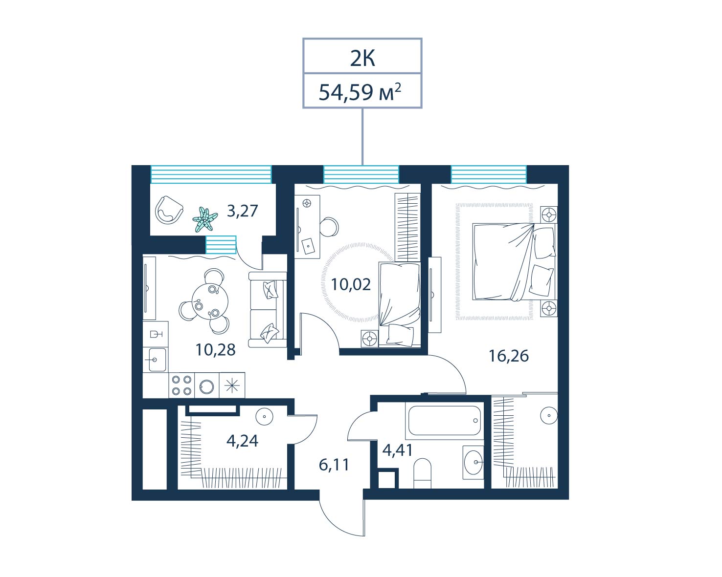 2-комнатная, 54.6 м²