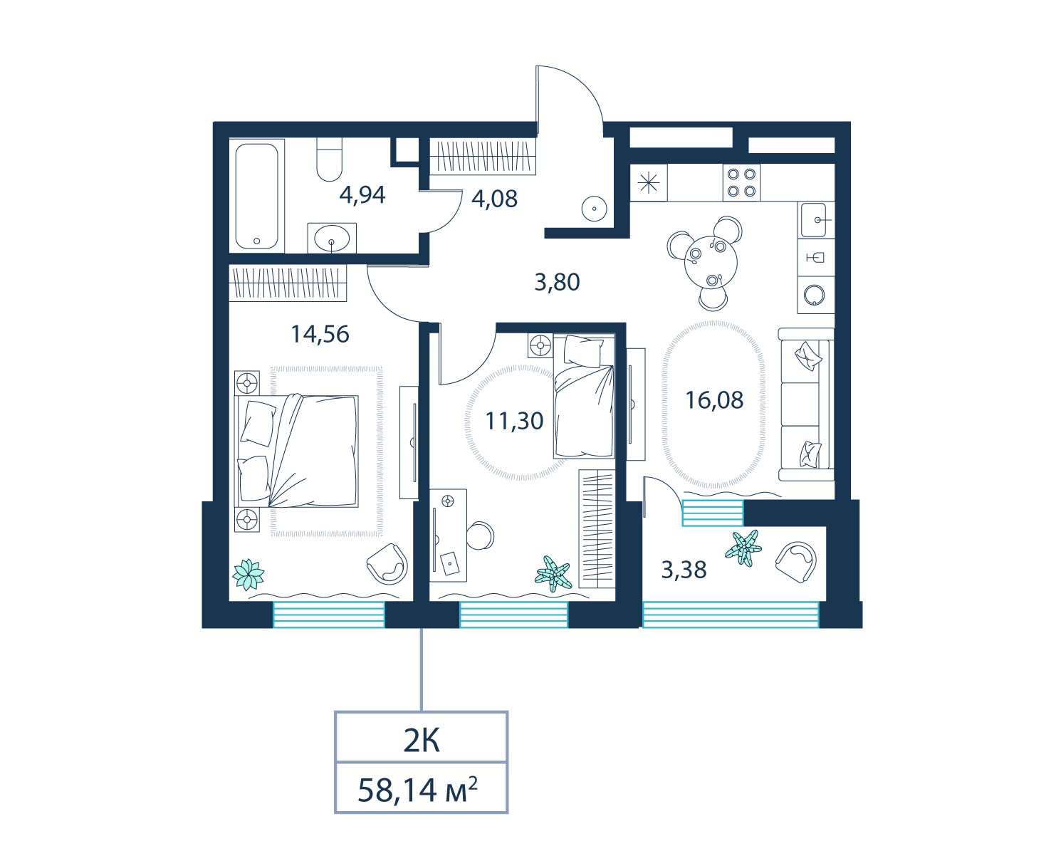 2-комнатная, 58.1 м²