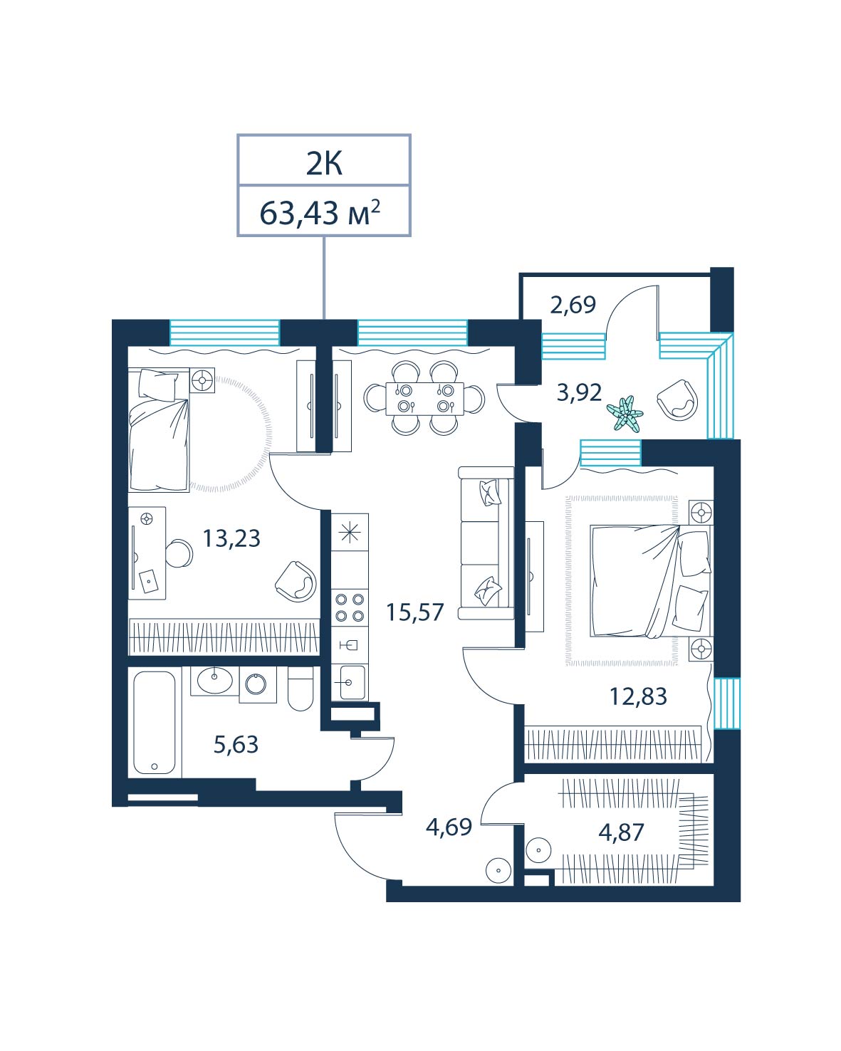 2-комнатная, 63.4 м²
