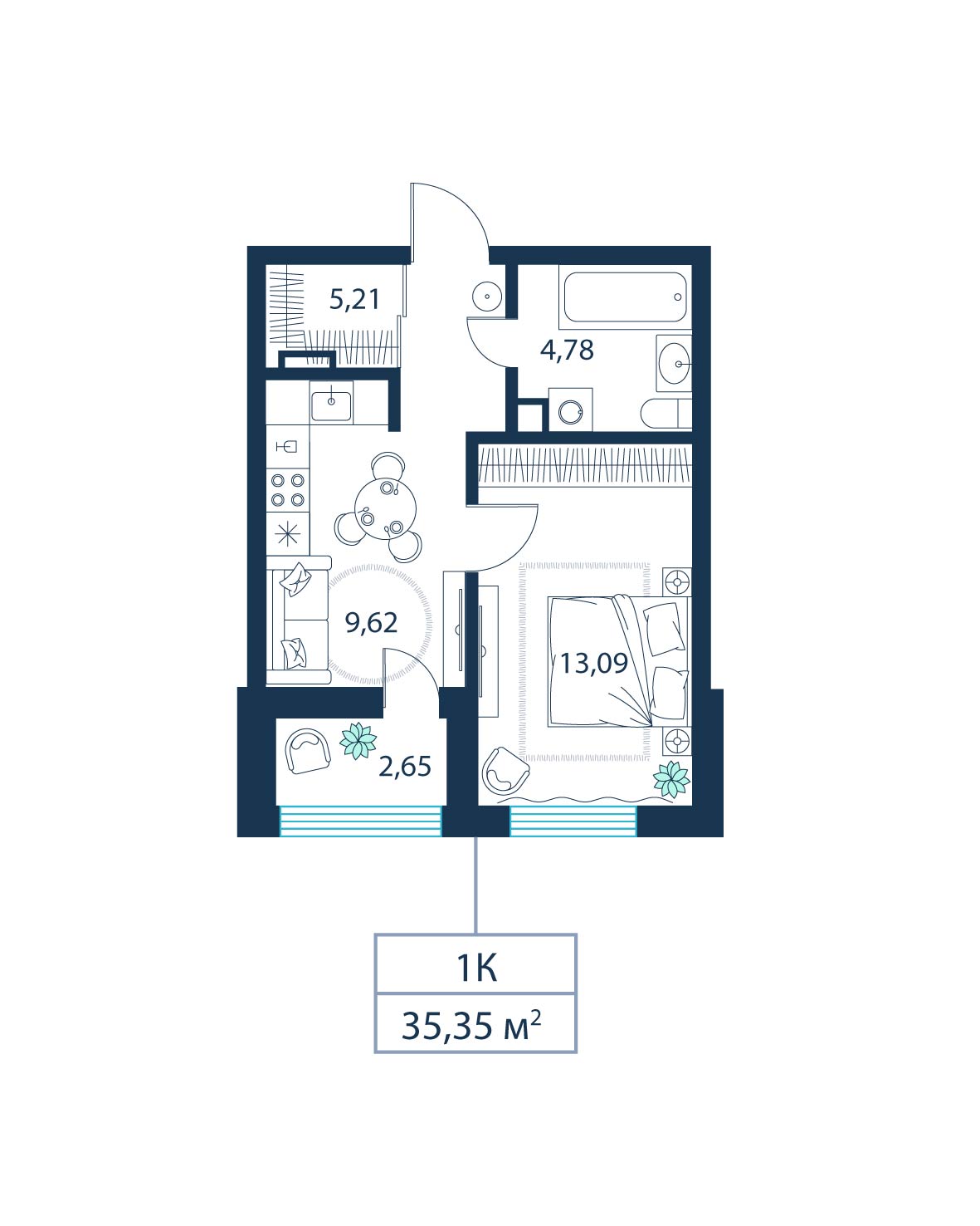 1-комнатная, 35.4 м²
