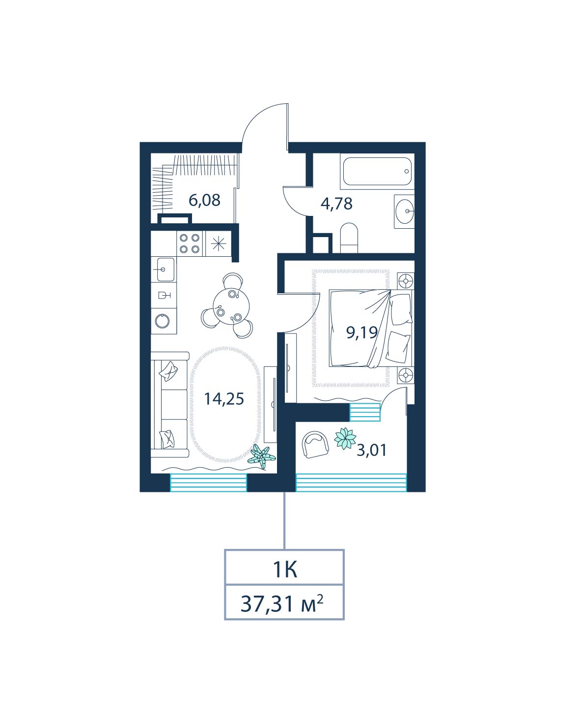 1-комнатная, 37.3 м²
