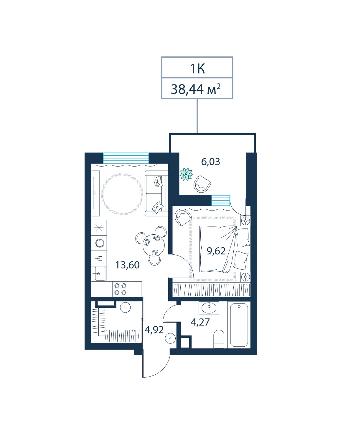 1-комнатная, 38.4 м²