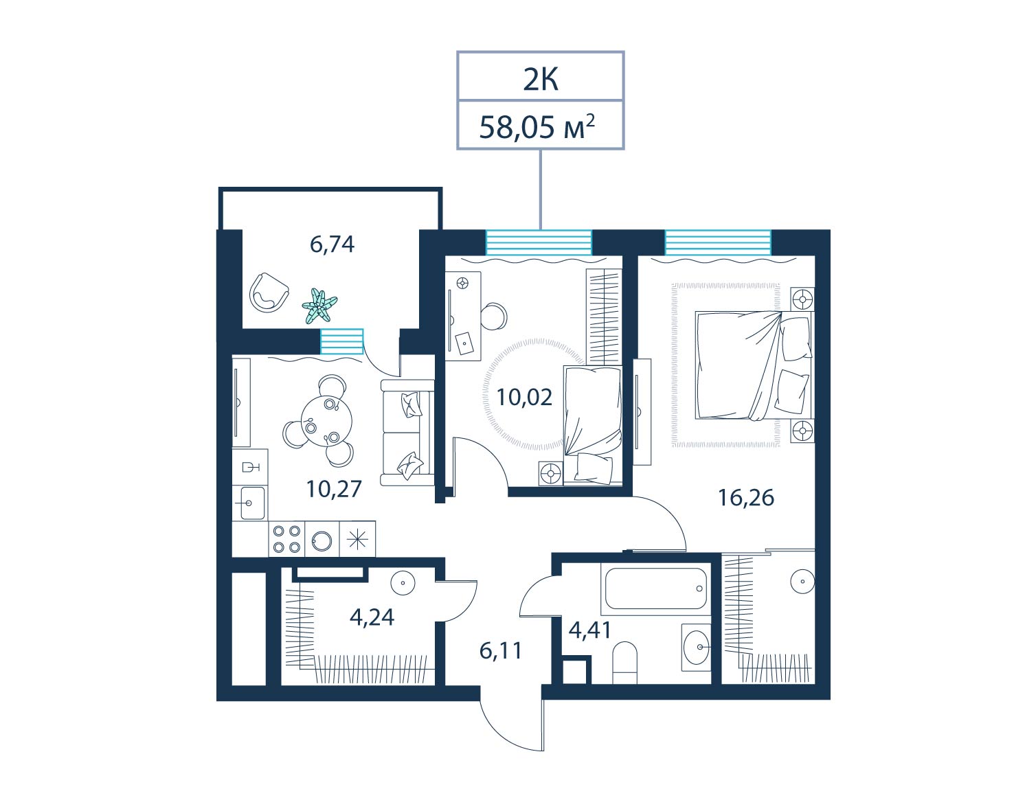 2-комнатная, 58.0 м²