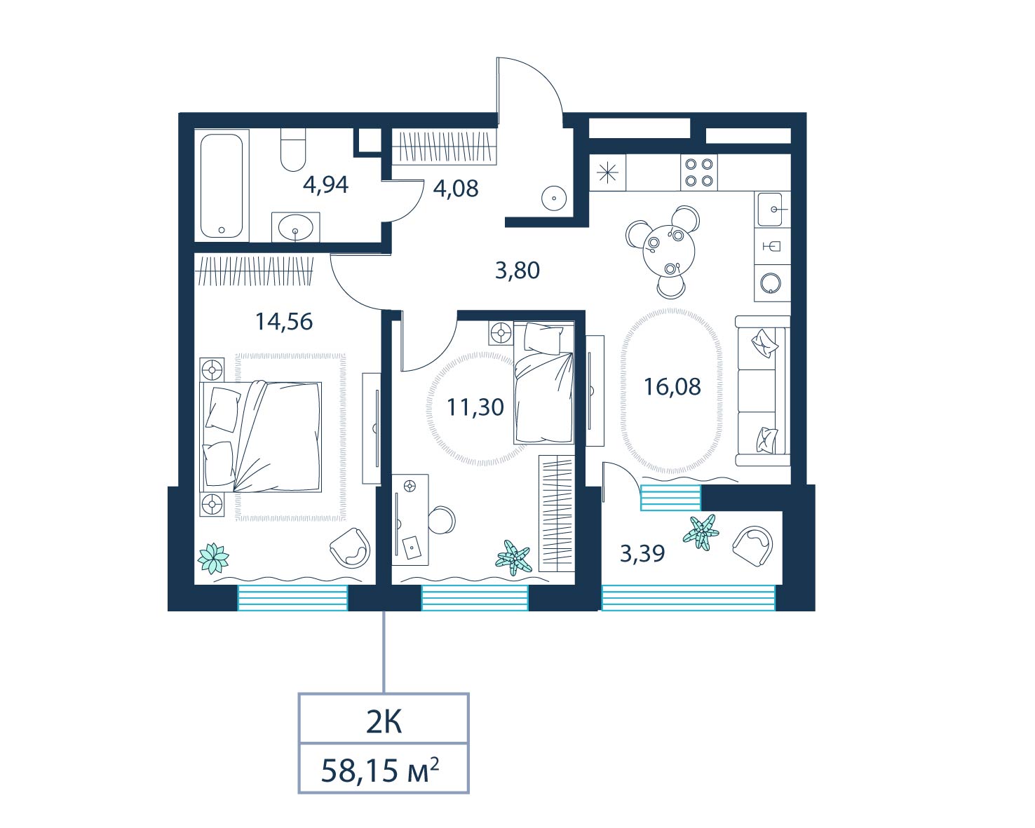2-комнатная, 58.1 м²