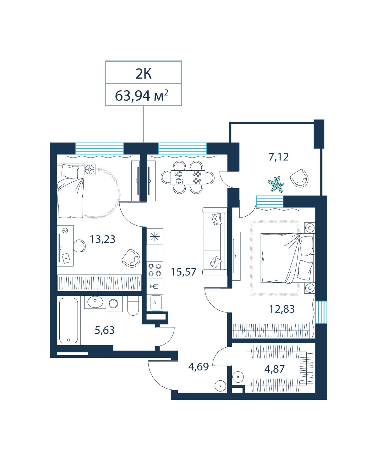 2-комнатная, 63.9 м²